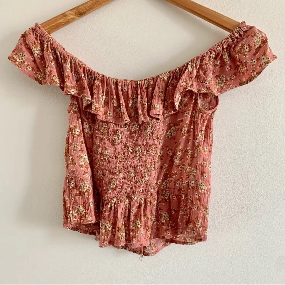 American EAGLE Floral Ditsy Off Shoulder Button Summer Top Ruffle Neckline - Picture 6 of 11